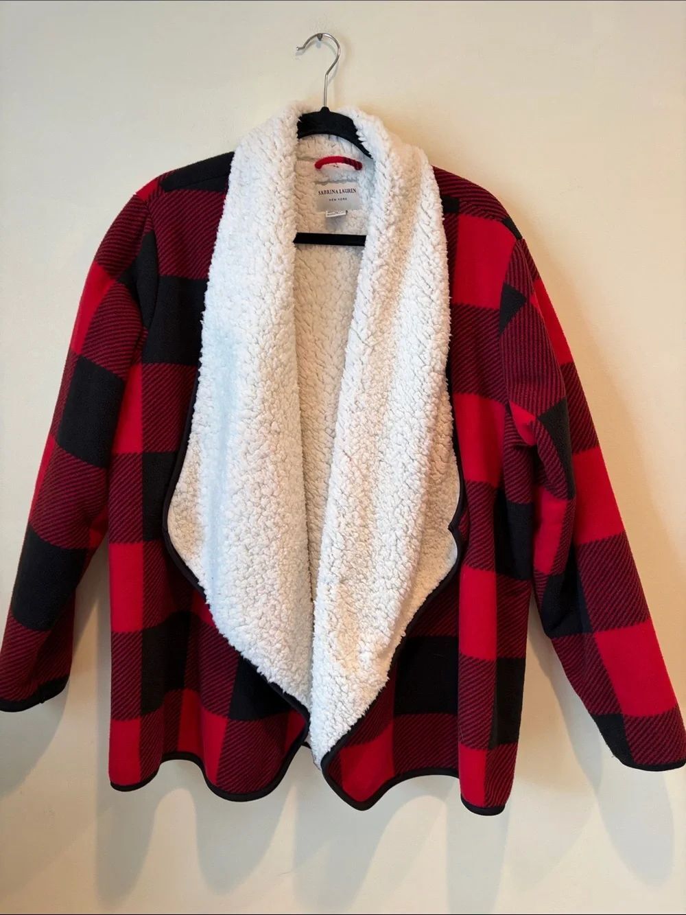Sherpa-Lined Red & Black Buffalo Plaid Open Cardigan